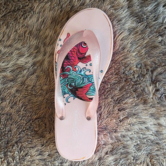 Ed Hardy koi fish graphic wedge Flip Flop sandal in original box 7 - Picture 6 of 11